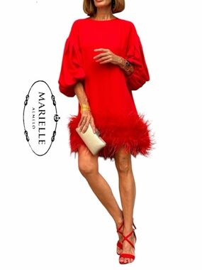 Marielle Almelo Marcia Red Feather Dress Hem Shift Dress 3/4 sleeve cocktail